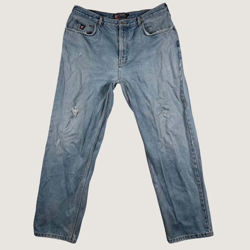 Vtg Chaps Ralph Lauren Jeans Mens Distressed Straight Leg 36x30 Light Wash Blue